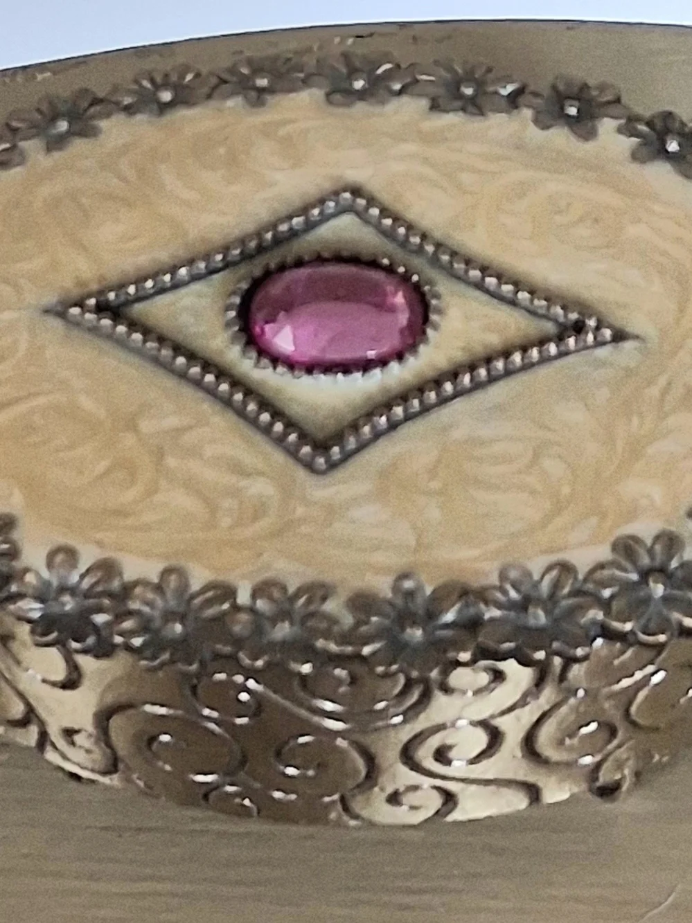Ornate Decorative Trinket Box with Pink Gem Accent
